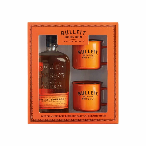 Bulleit Bourbon Whiskey With Two Branded Ceramic Mugs 3 Bulleit Bourbon Whiskey With Two Branded Ceramic Mugs